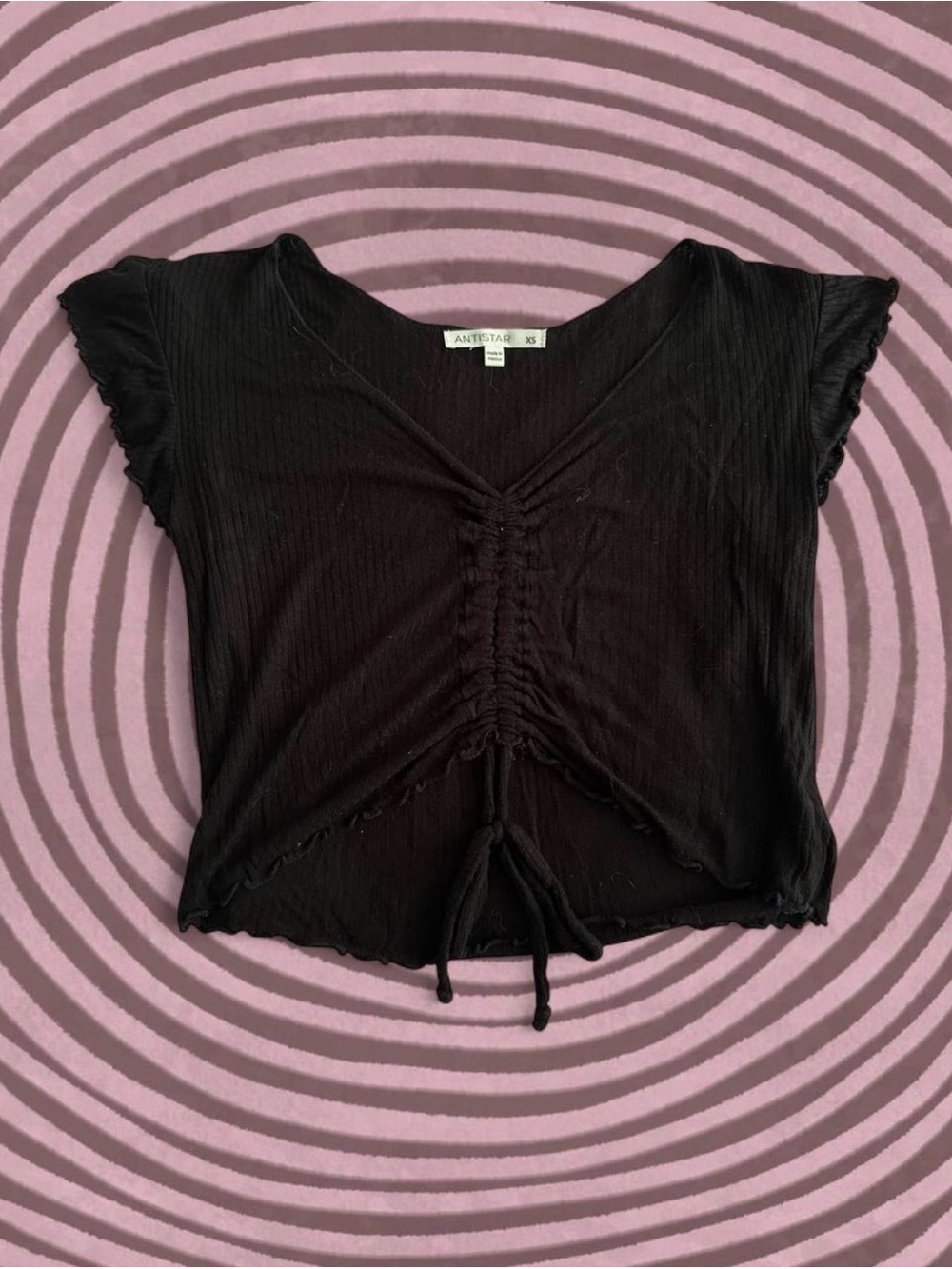 Black Ruched Tie-Front V-Neck Top